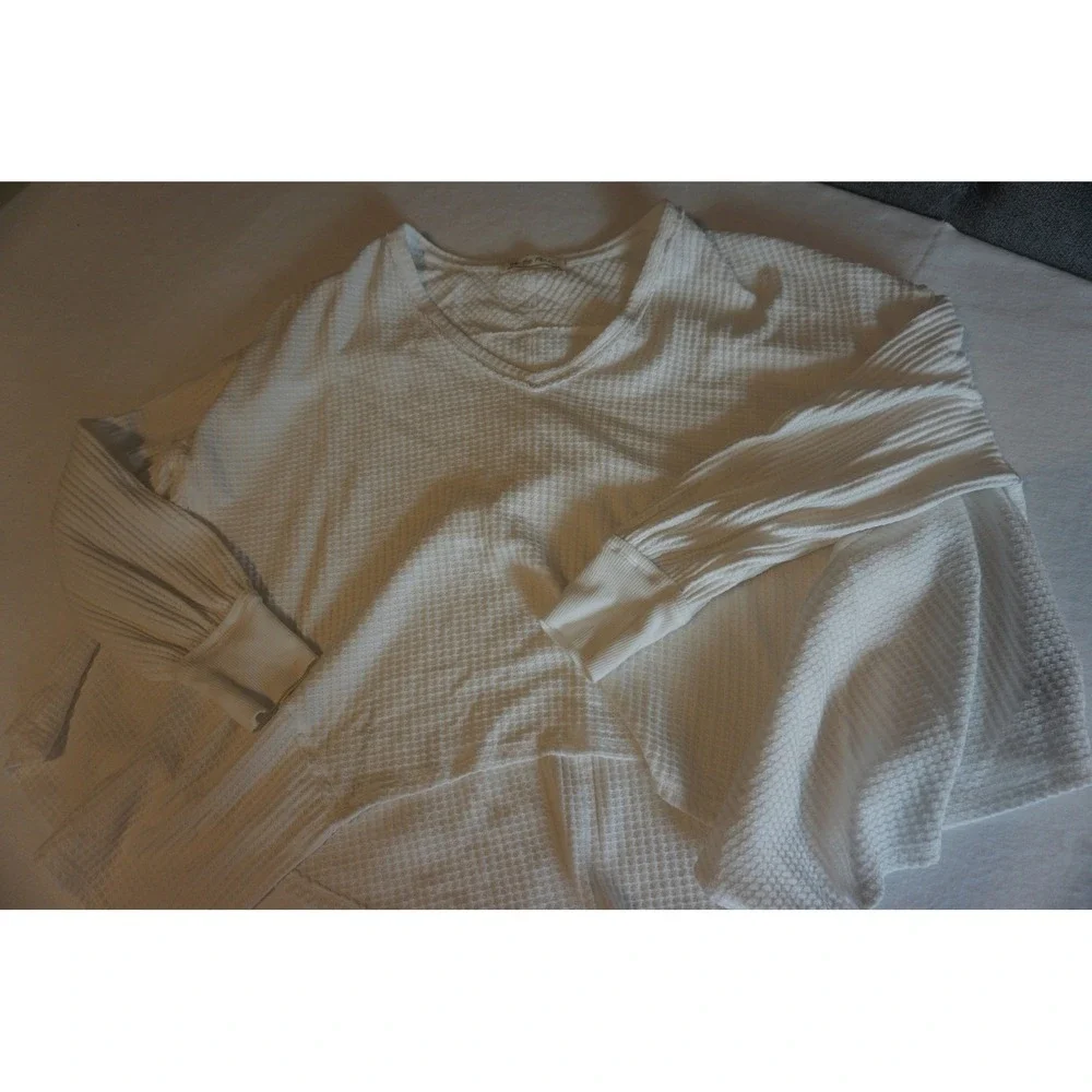 We The Free White Waffle Knit V-Neck High Low Thermal Top XS OB1753675